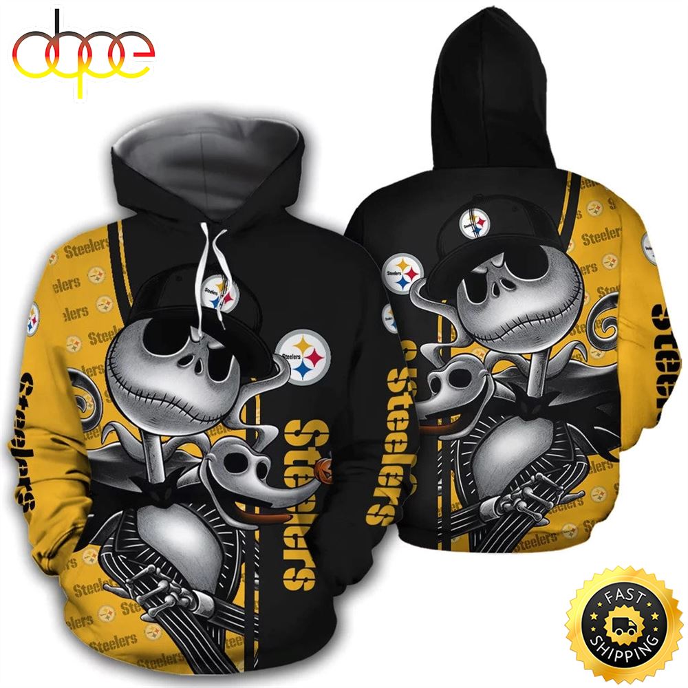 Great Pittsburgh Steelers With Jack Skellington Yellow Super Bowl 3D Pullover Hoodie_5516