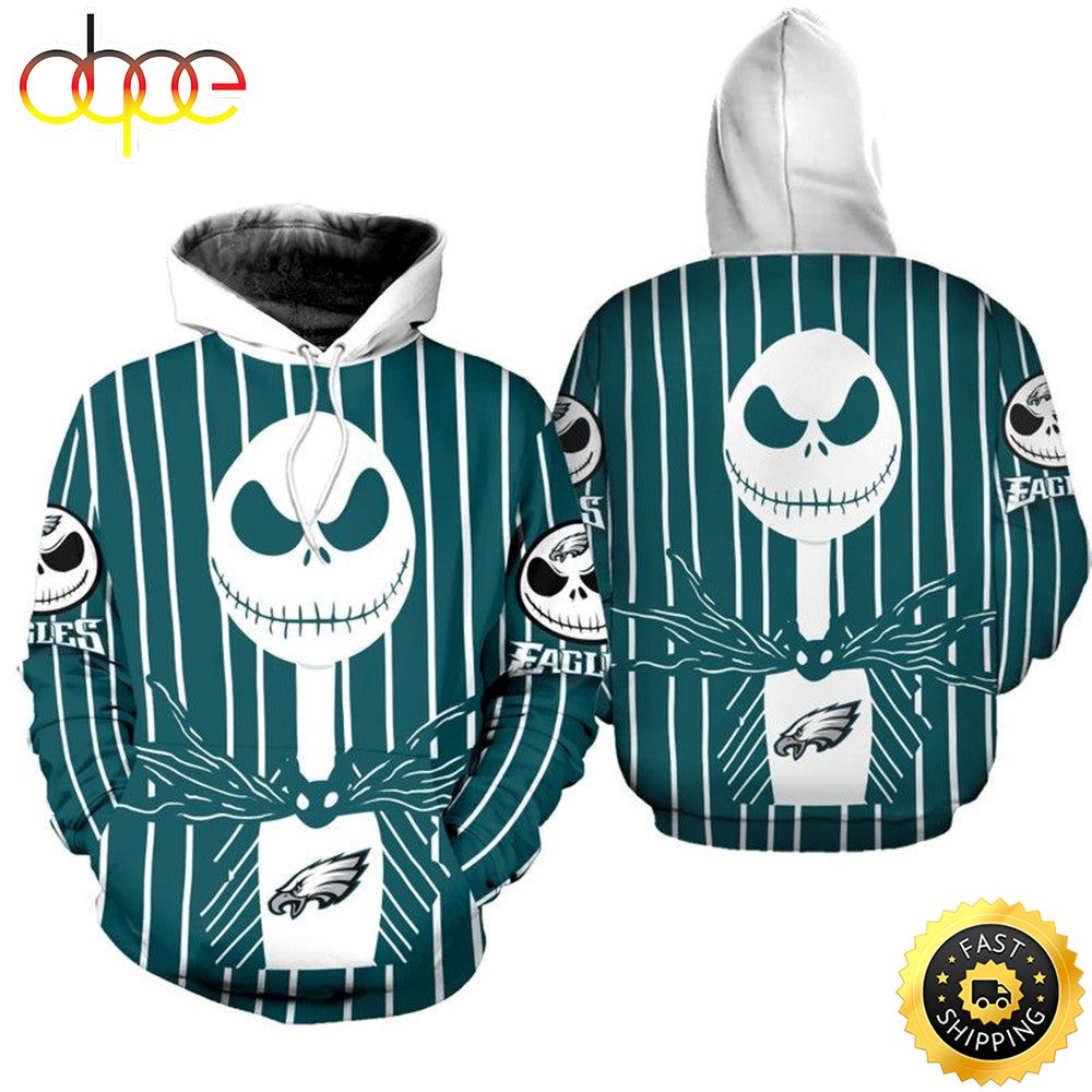 Philadelphia Eagles Halloween Green Jack Skellington Super Bowl 3D Pullover Hoodie_7059