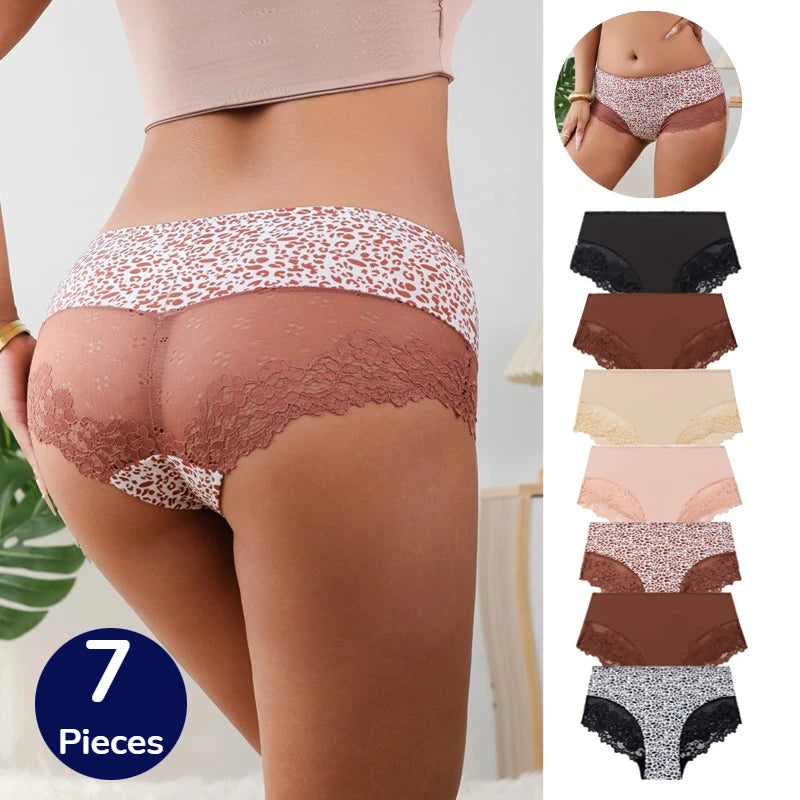 TrowBridge 7PCS/Set Women's Panties Leopard Lace Briefs Breathable Female Underwear Satin Sexy Lingerie Sweet Cozy Underpant Ho
