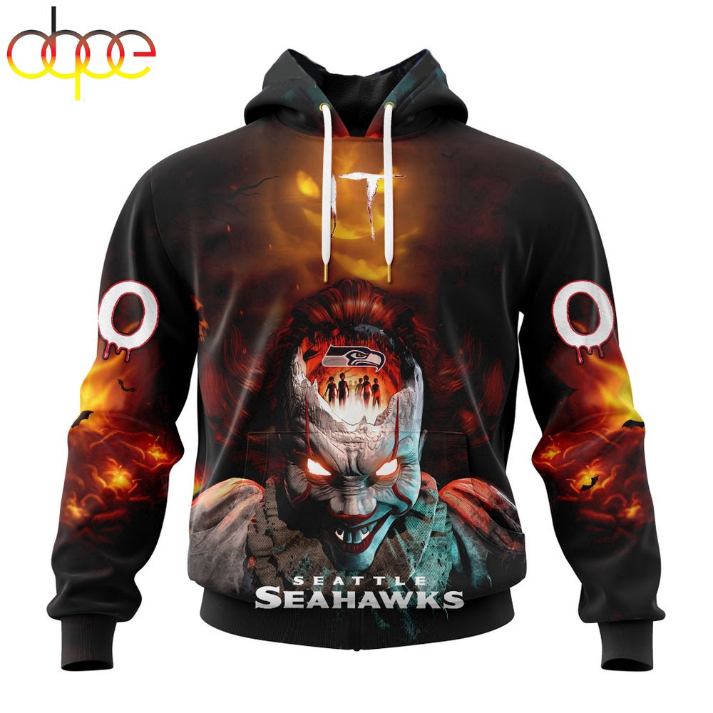 Custom Name And Number NFL Seattle Seahawks Halloween Badut Mematikan 3D Hoodie Shirt