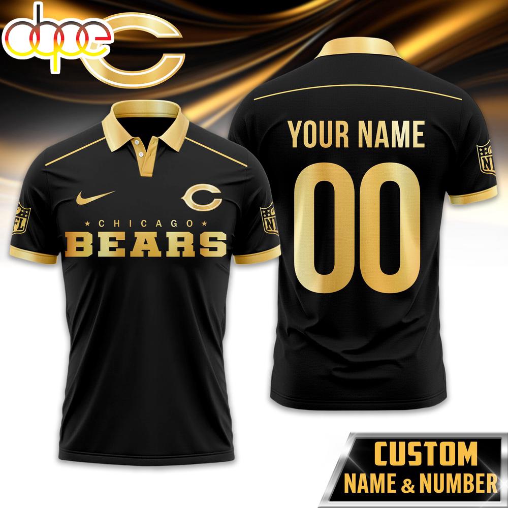 Custom Name Number Chicago Bears NFL Black And Gold Polo Shirt